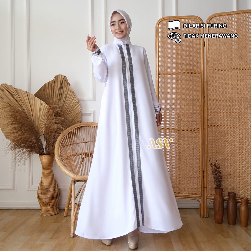 STANDAR-SUPER BIGSIZE | Abaya Haji Umroh Hafsha Gamis Putih Bersih Bahan Royal Twist Premium + Furing Jubah Akhwat Ummahat Ukuran Lengkap LD 94 100 110 120 130 140 Fit M L XL XXL XXXL 5L Busui Friendly Original ALSAVA