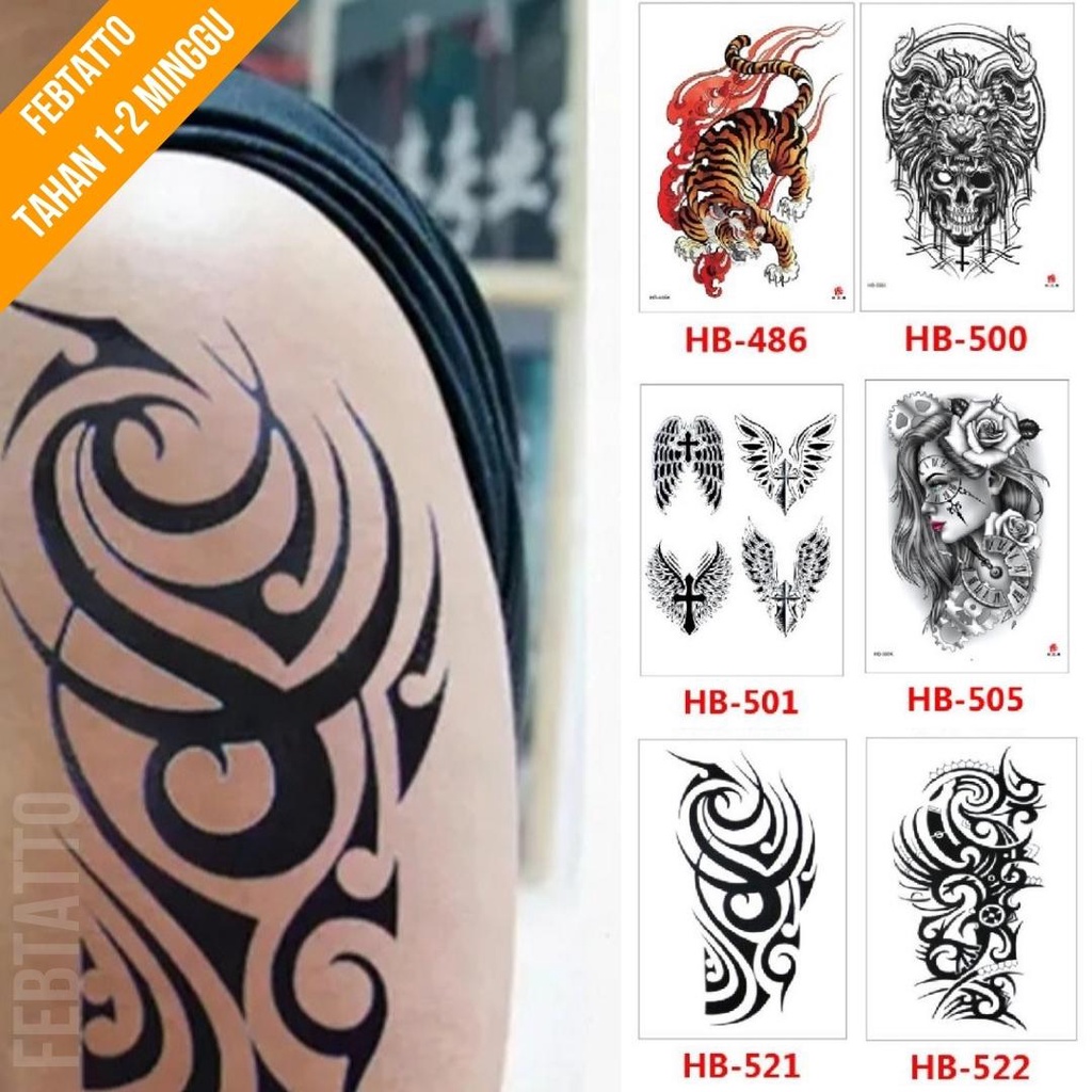 Tato Temporer Ukuran 21cmx15cm Motif Aesthetic Tatto Temporary Stiker Tato Halal Grosir Tato air motif harimau, sayap, salib, tengkorak, tribal HB 521