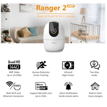 Imou Ranger 2 IP Camera CCTV Wi-Fi Indoor H.265 4MP QHD Pan &amp; Tilt for 360° Coverage | Human Detection | Smart Tracking | Night Vision |