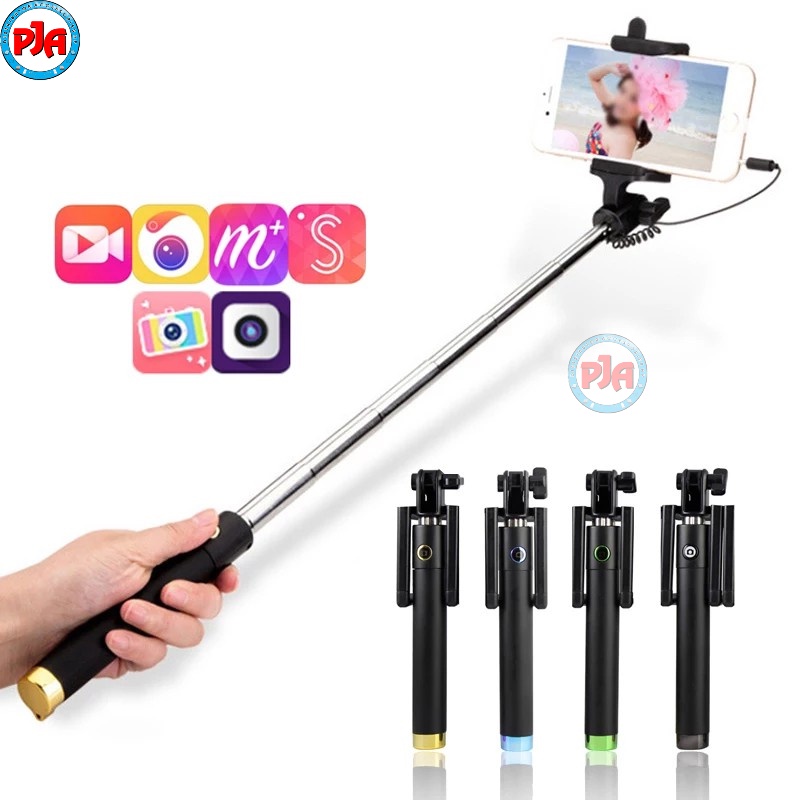 Tongsis Tripod Hitam Mini Selfie Stick Kabel Lipat Hp Android Ios