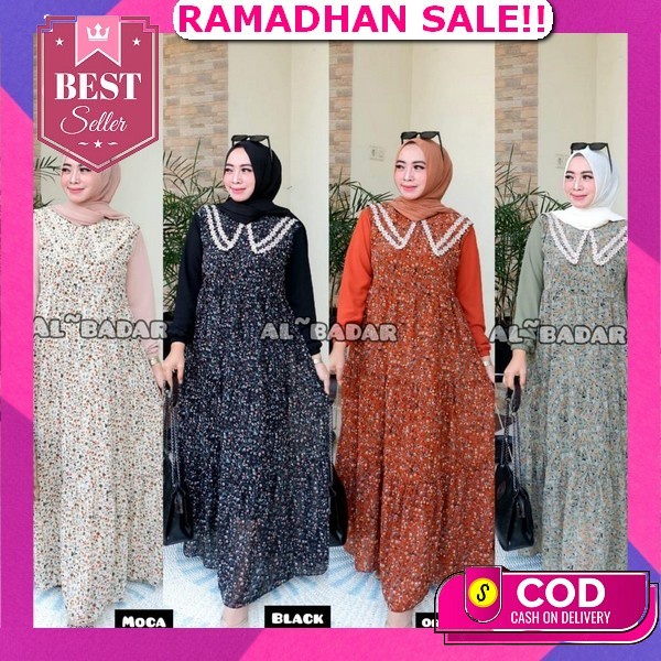 Gamis Crinkle Airflow Mix Brukat Motif Renda Premium Terkini / Melda Maxy / Gamis Lebaran 2023 Model