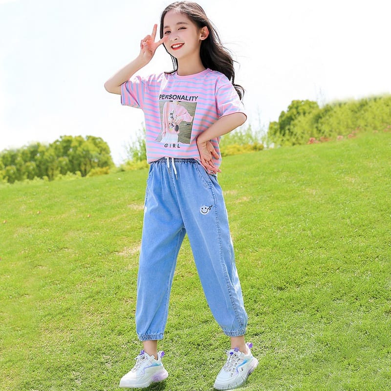 Setelan Anak Perempuan Teenager Casual Stripe Personal Girly