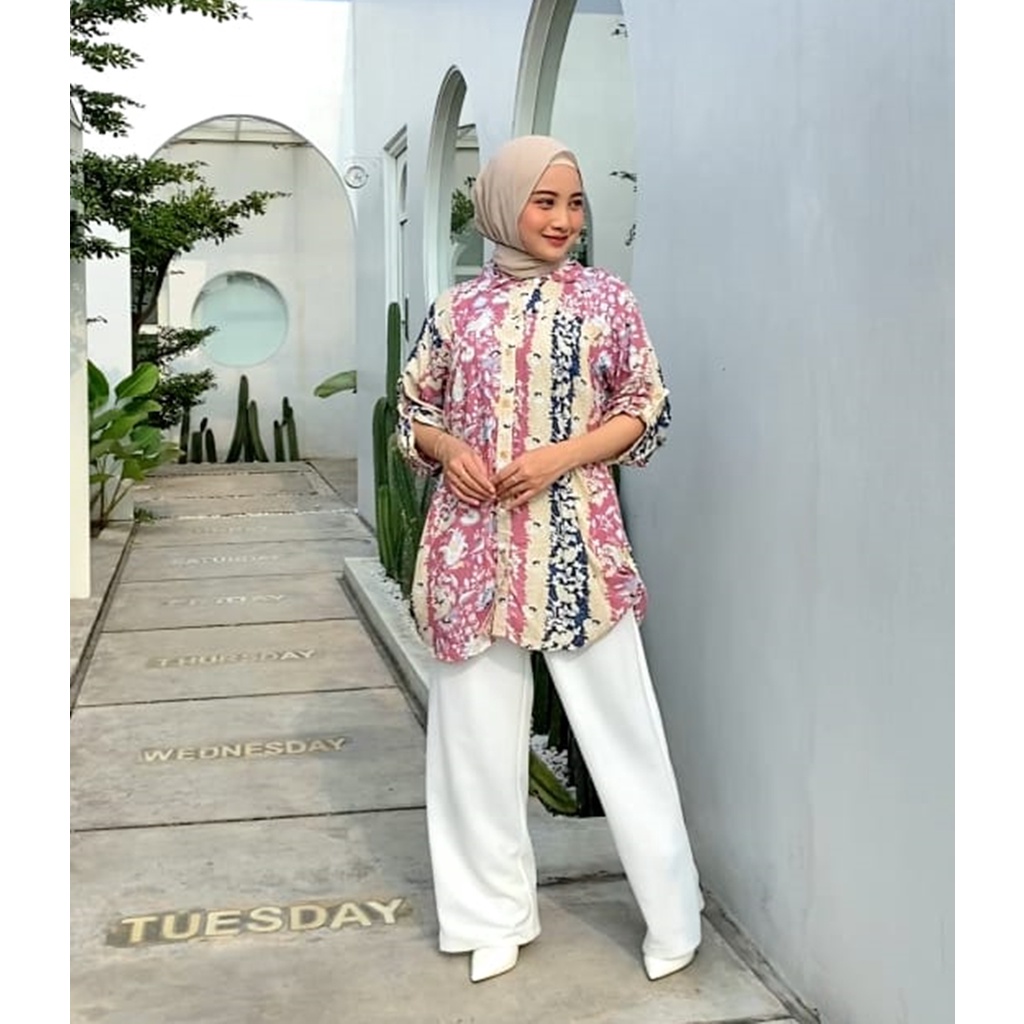 Kemeja Wanita Oversize Kerut Dada Rayon Adem Busui Salem