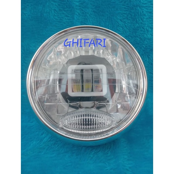 Kedok Reflektor Lampu Depan Bulat Vixion Old  Full Crom Set Daymeker Lensa 3 Mata Cahaya Putih List 