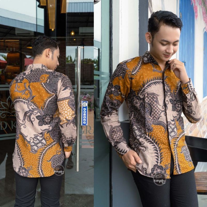 Kemeja Pria Pekalongan Lengan Panjang Motif persik kuning