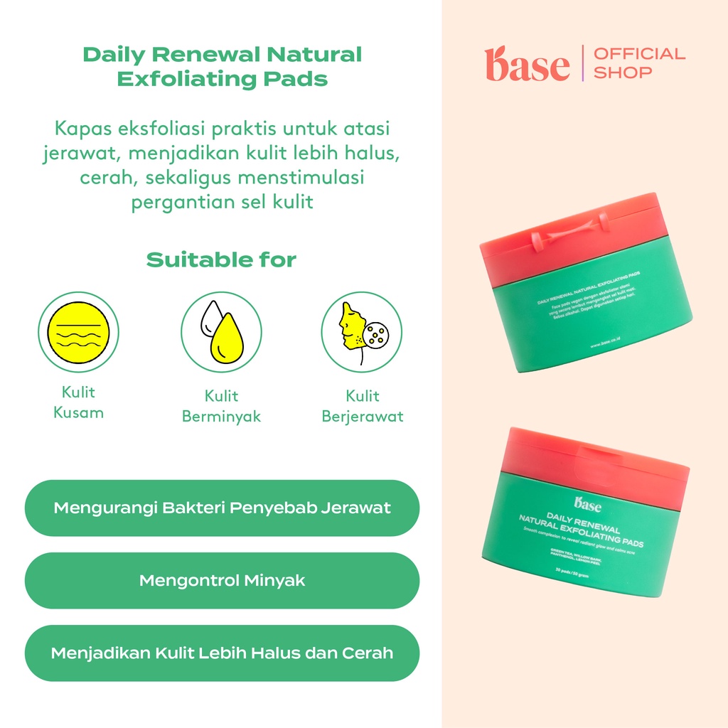 BASE Daily Renewal Natural Exfoliating Pads Mengangkat Kotoran &amp; Sel Kulit Mati Tanpa Perih [BPOM]