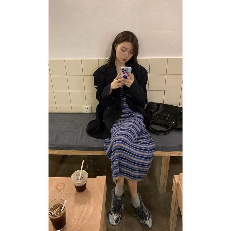 Dress rajut bergaris kontras 2023 new waist and suspender dress