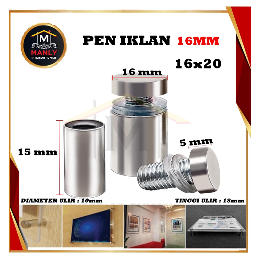 Pen Iklan 16 mm / Pen Baut Iklan Kaca Akrilik Sign Board Stainless Steel Dinding Reklame