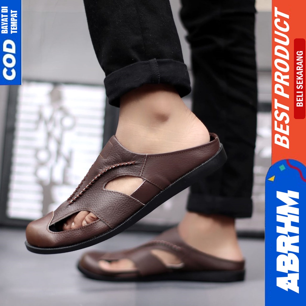 ABRHM X CONTRY Sandal Slide Pria Sandal Slop Pria Kulit Asli Sendal Selop Cowok / Cowo Bustong Keren