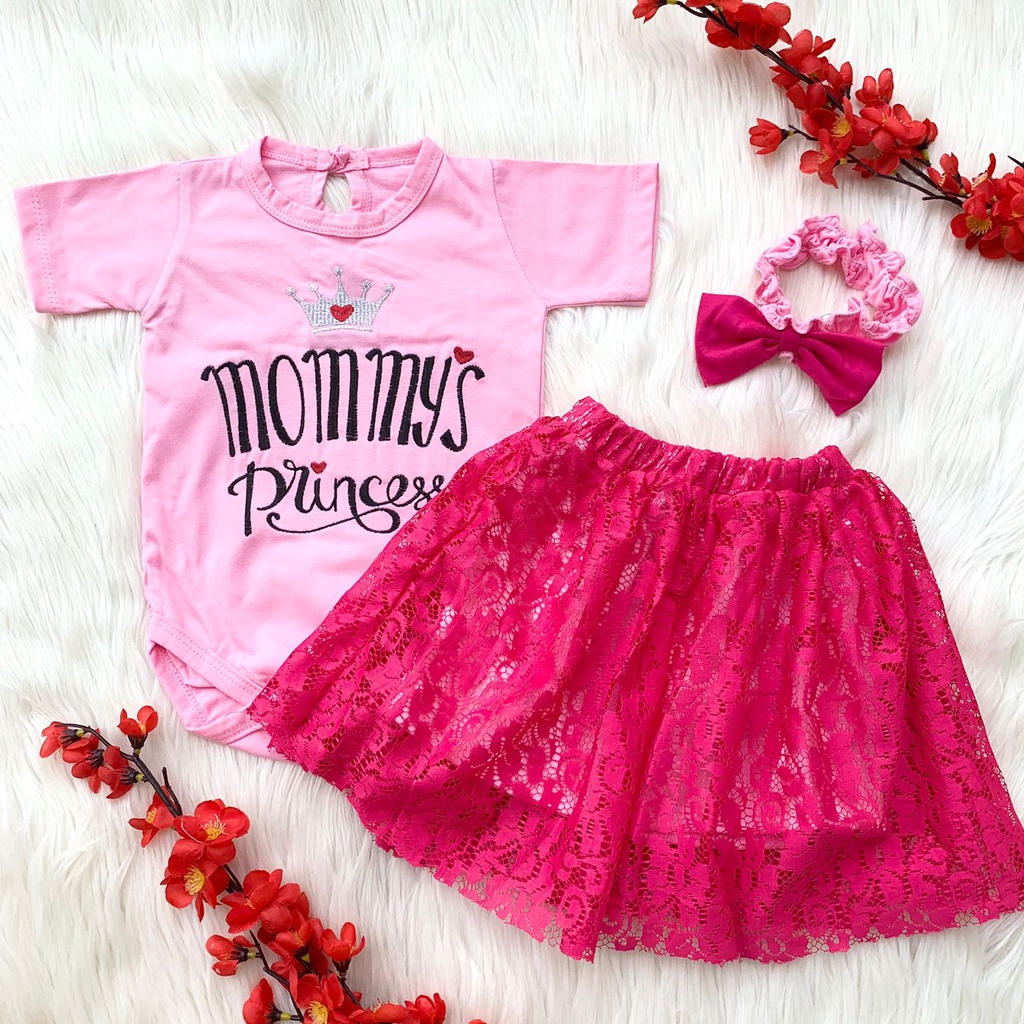 Baju setelan jumper rok brukat bandana cantik bestseller fashion anak bayi cewek perempuan murah -mom
