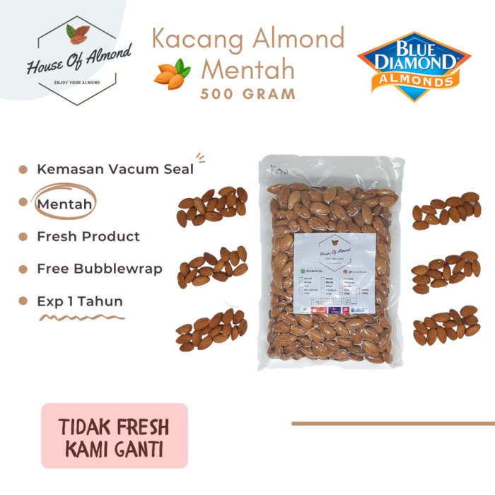 

Best Seller Natural Whole Raw Almond (Mentah) kacang almond Blue Diamond 500gram