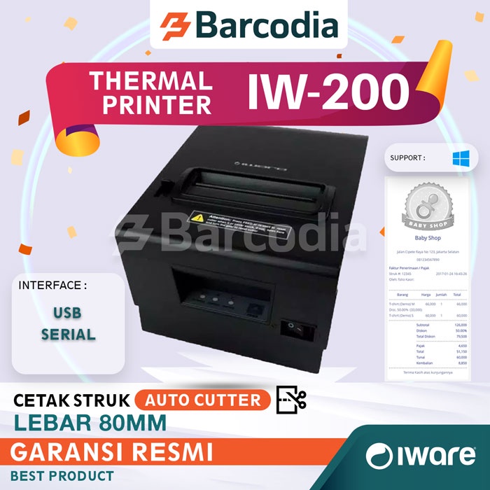PRINTER IWARE 80MM IW 200U THERMAL AUTO CUTTER USB + RS232 SERIAL PRINTER THERMAL 80MM