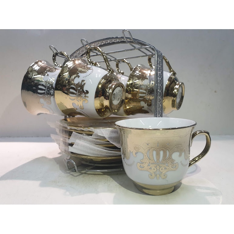 Cangkir Set I Tea Set Midas Gold Flower 13 Pcs + Rack Gold Crown