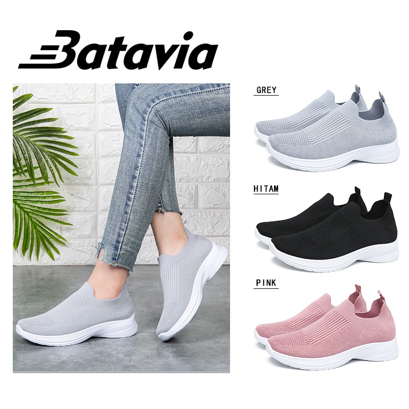 Batavia Sepatu olahraga impor premium perempuan terbaru rajut adem antislip antiaus sepatu lari anak perempuan  Batavia Shoes Fashion  Sport Original Pink Hitam Abu  rajut  sekolah korea Onlinemall sepatu sneakers wanita N11