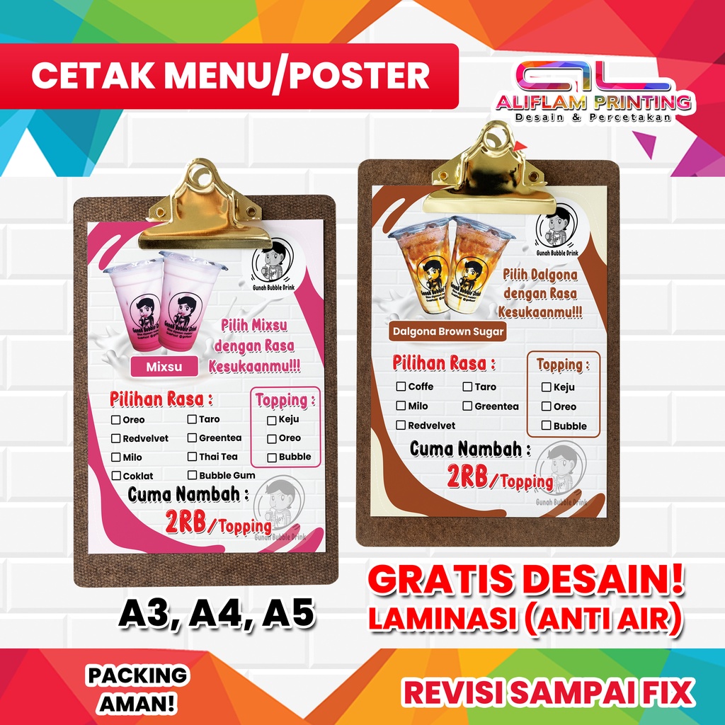 

CETAK MENU UKURAN A4 | 1 ATAU 2 SISI | LAMINASI | GRATIS DESIGN | REVISI SAMPAI FIX