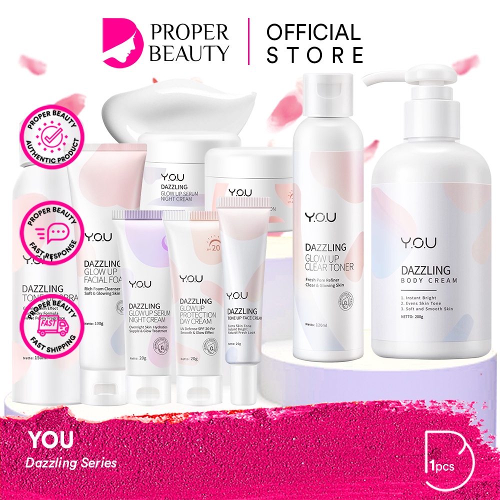 YOU Dazzling Series Indonesia / Glow Up Facial Foam Toner Day Night Tone Up Body Cream Spray / Face Wash Pembersih Moisturizer Pelembab Melembabkan Mencerahkan Menghidrasi Hydrating Sunscreen Sunblock Muka / Skincare Care Dazling Dazzle / Bundle Paket Set