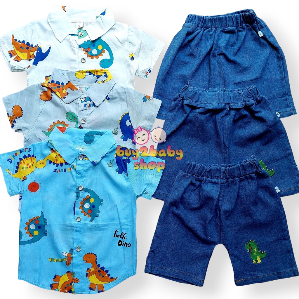 Baju lebaran anak setelan kemeja celana pendek bahan katun denim dino series usia 1-3 tahun