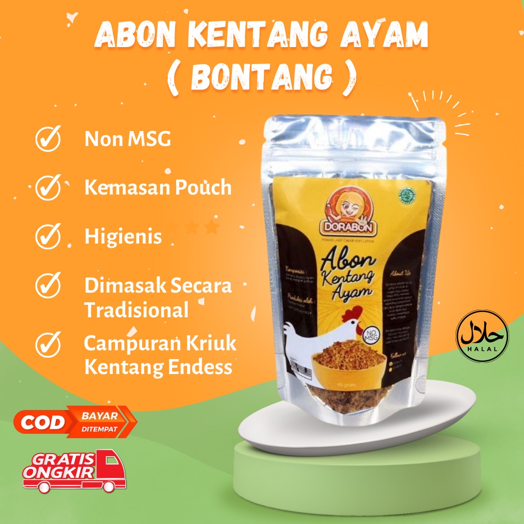 

ABON KENTANG AYAM ASLI DORABON PREMIUM TANPA BAHAN PENGAWET NON MSG HALAL ORIGINAL TERMURAH