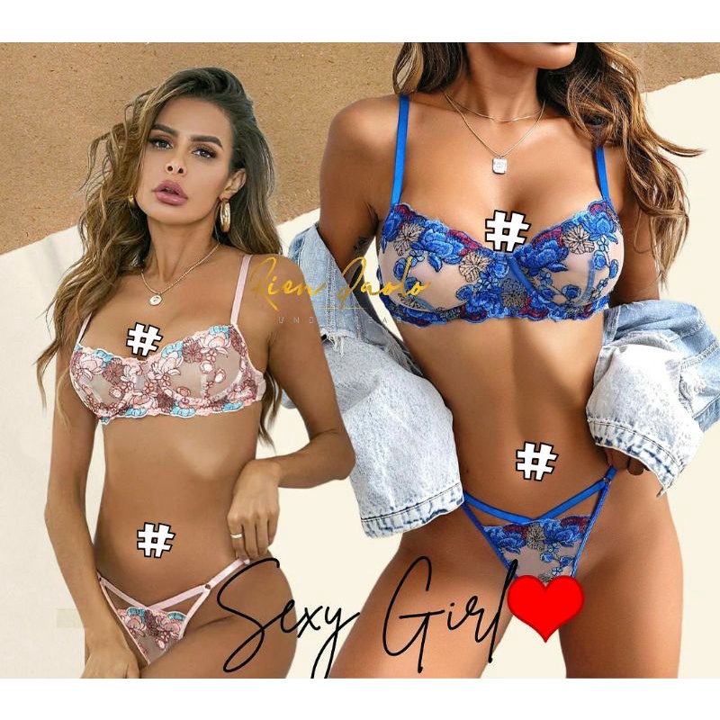 Bra Set Celana Dalam CD G String Lingerie Kawat Bordir Bunga Transparan Renda Rien Paolo S14948