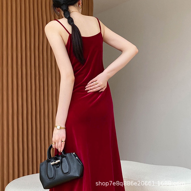 DF DR380 Korean Velvet V Neck Long Dress Wanita Beludru