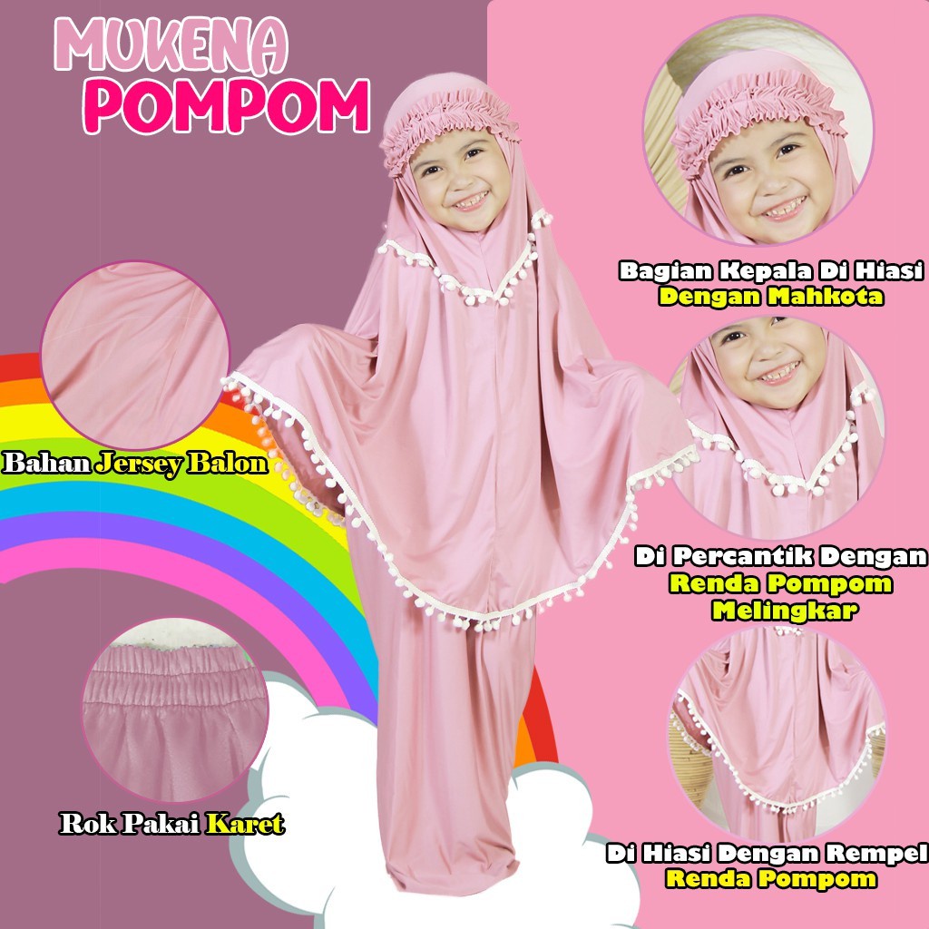 (COD) MUKENA ANAK PEREMPUAN MUKENAH ANAK MUKENA MAHKOTA POM-POM SIZE 2-5 THN