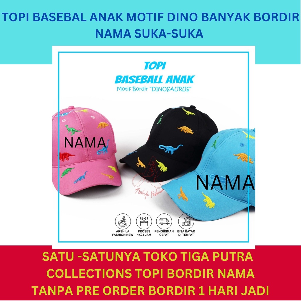 Topi anak model Dino banyak gratis bordir nama ssuka-suka