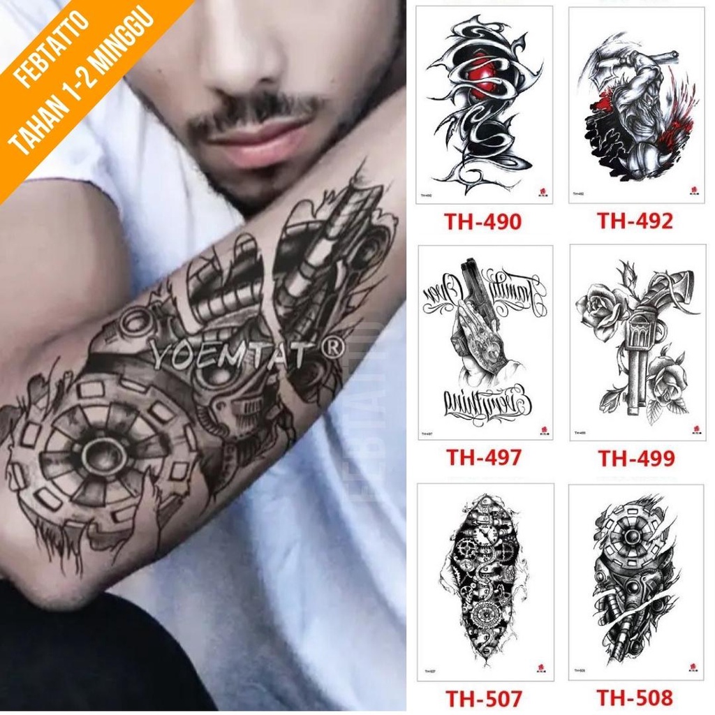 Tato Temporer Ukuran 21cmx15cm Motif Aesthetic Tatto Temporary Stiker Tato Halal Grosir Tato air motif pistol, bunga, tulisan, tribal robot, ksatria TH 508