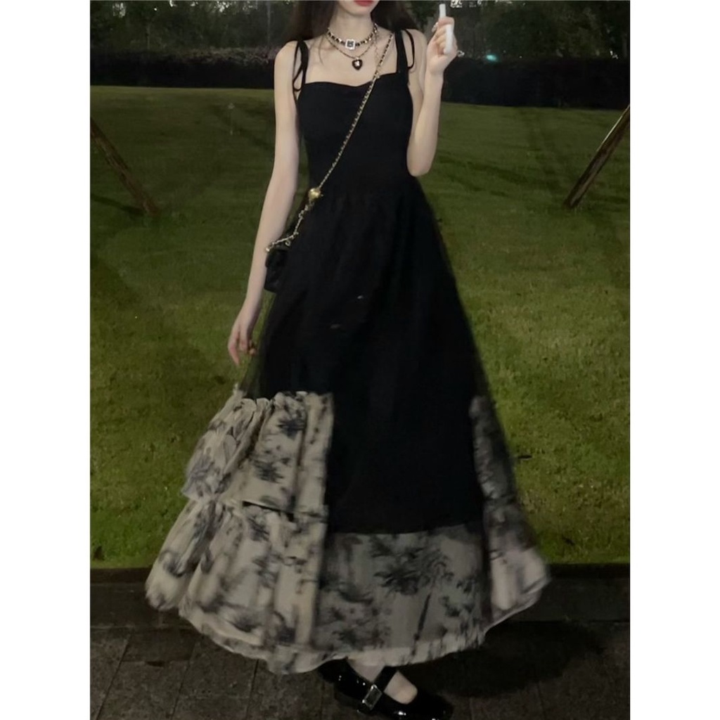 Red Hepburn style black floral sling dress women s summer new retro waist design sense niche long skirt skirt