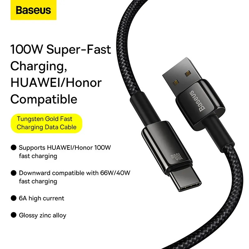 Baseus Original Tungsten Kabel Data USB Type C 100W 5A 6A Fast Charging Cable Charger Casan Tipe C O