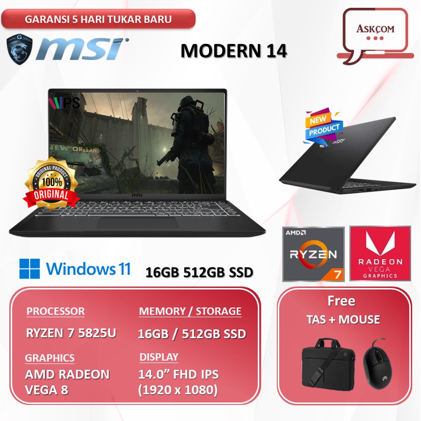 Laptop MSI MODERN 14 RYZEN 7 5825U 16GB 512GB SSD VEGA 8 W11 14.0FHD IPS BLIT C5M.033