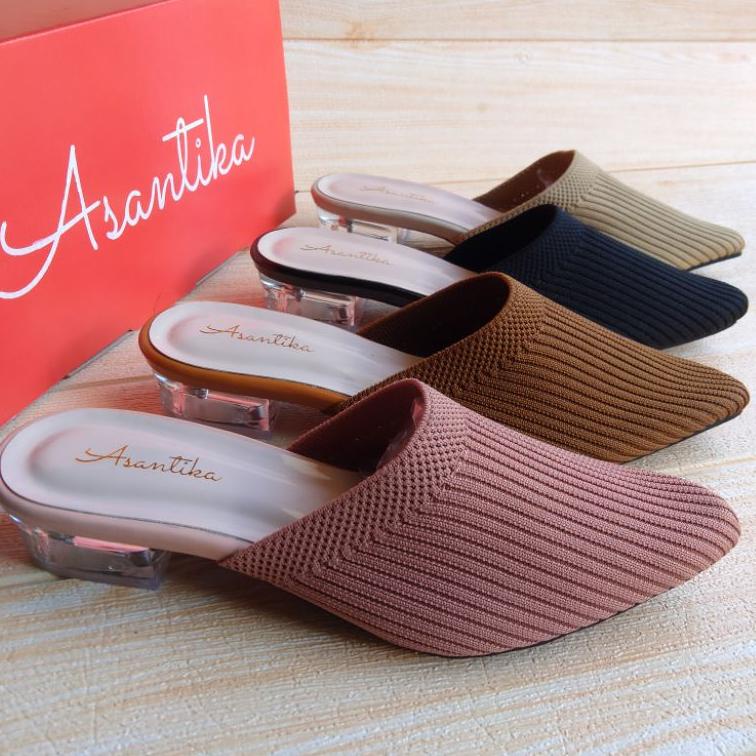 READY Asantika Sandal Sendal Heels Rajut Hak Kaca Pendek 3 Cm Kuat Empuk Nyaman Big Size Jumbo 41 42