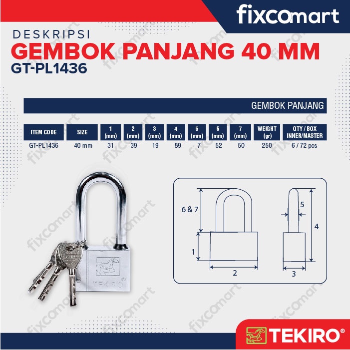 Tekiro Gembok Leher Panjang 40 Mm / Tekiro Padlock Long