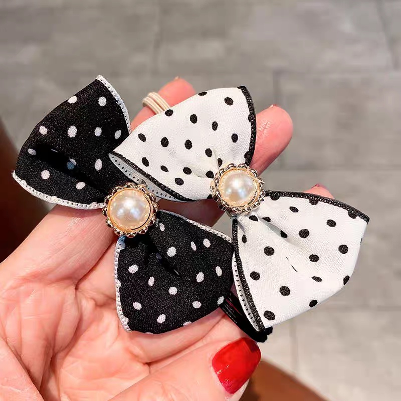 [ COD ] IKAT RAMBUT KOREA PITA MOTIF POLKADOT MUTIARA DOUBLE TALI IMPORT / IKAT RAMBUT ANAK / KARET IKAT RAMBUT