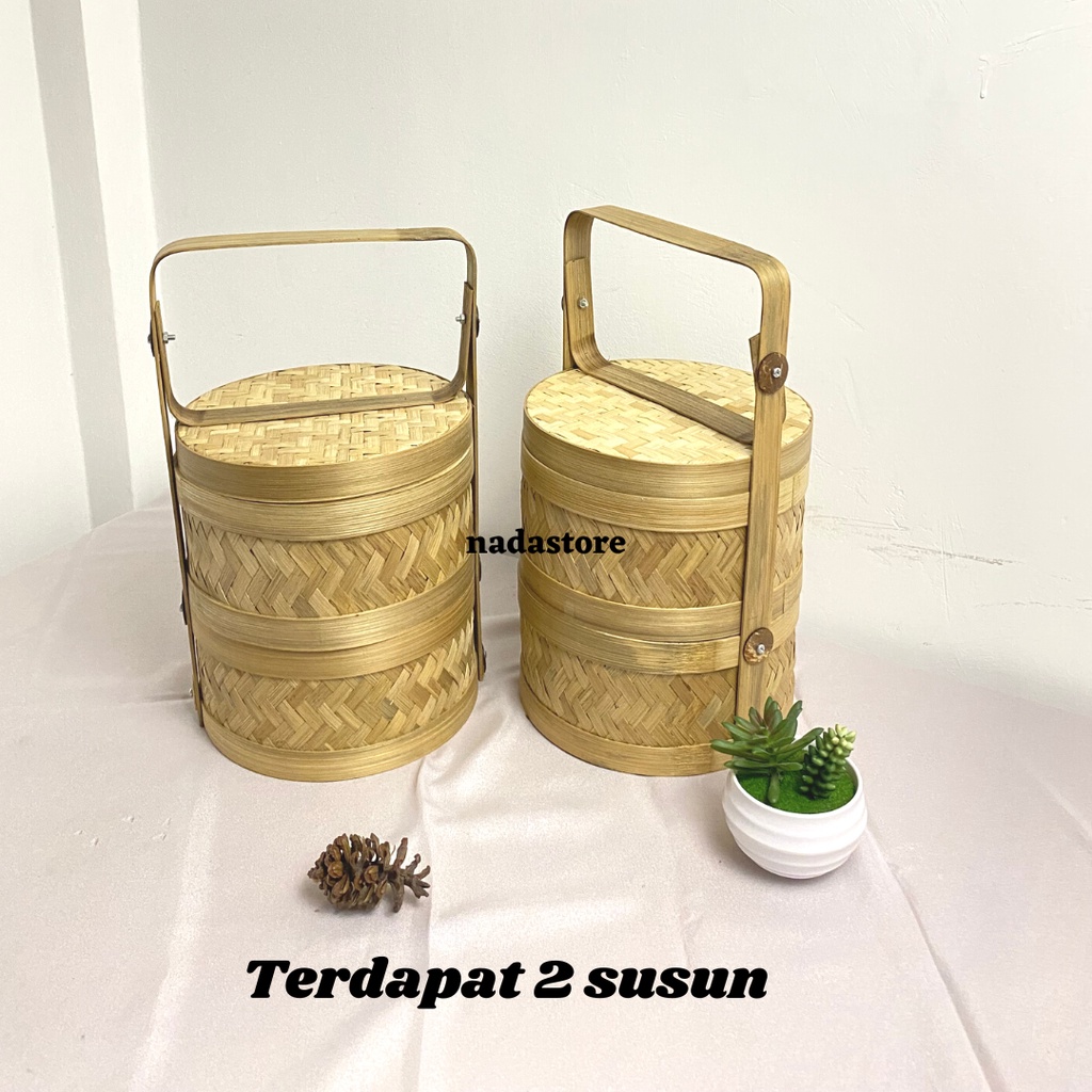 Rantang Bulat Bambu susun 2 / Hampers bambu/ Keranjang Bambu / Hamper / Tempat Dinsum / Tempat Kue