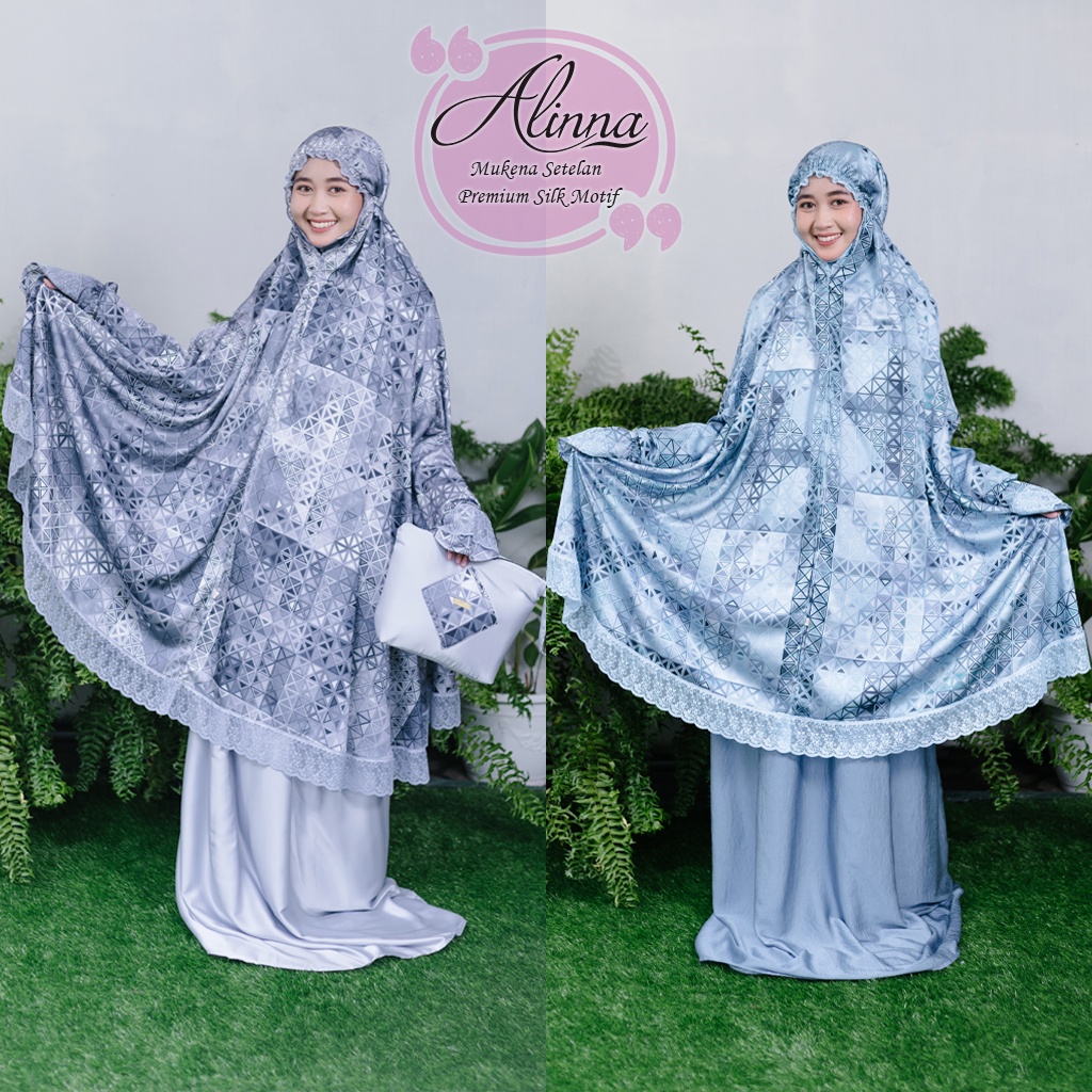 Mukena Alinna Setelan Potong Atas Bawah Berlengan Tangan Dagu Premium Silk Sutra Motif