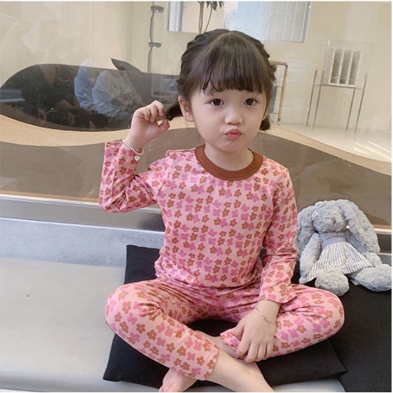 Piyama Anak Perempuan BUNGA BUNGA Setelan Lengan Panjang PIYAMA PINK BUNGA COKLAT Simple Import