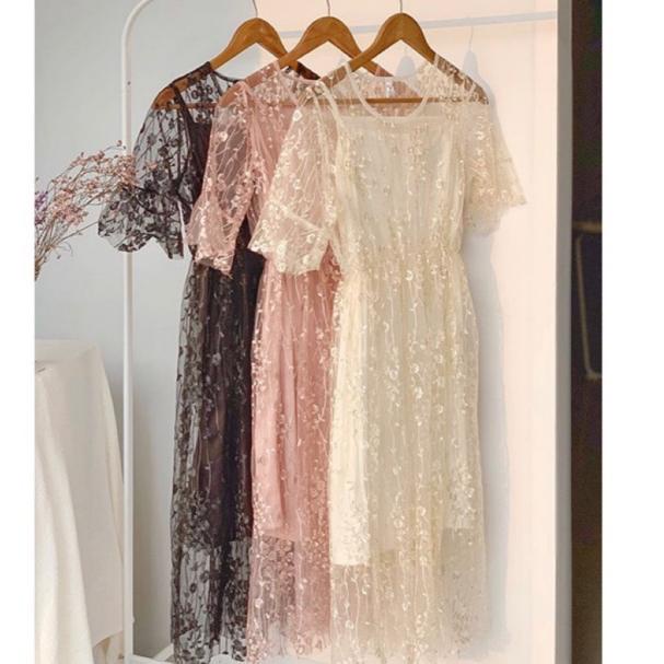Tren Terbaru D0154 FUYUMI KOREAN LACE MIDI VINTAGE DRESS TILE BRUKAT PESTA BUMIL FRIENDLY