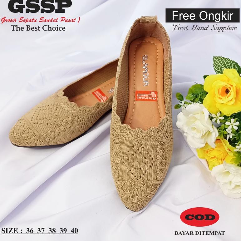 Sepatu flat wanita rajut import motif rajut acak glamour model Larisa original sol karet trendy tida