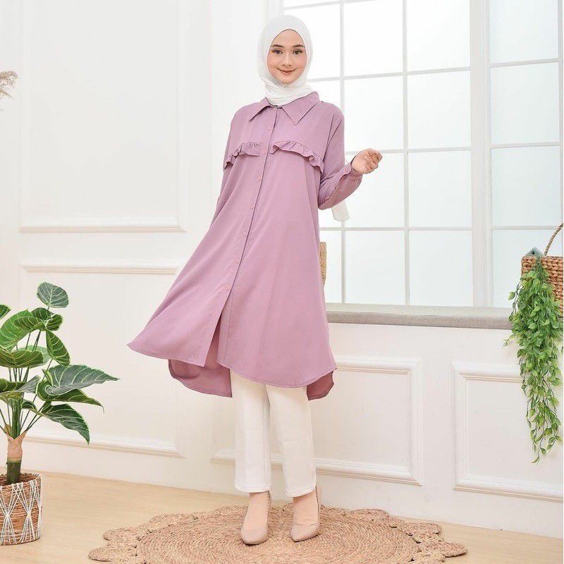 Baju Long Dress Tunik Kemeja Rufela Wanita Muslim Remaja Terbaru Kekinian Polos