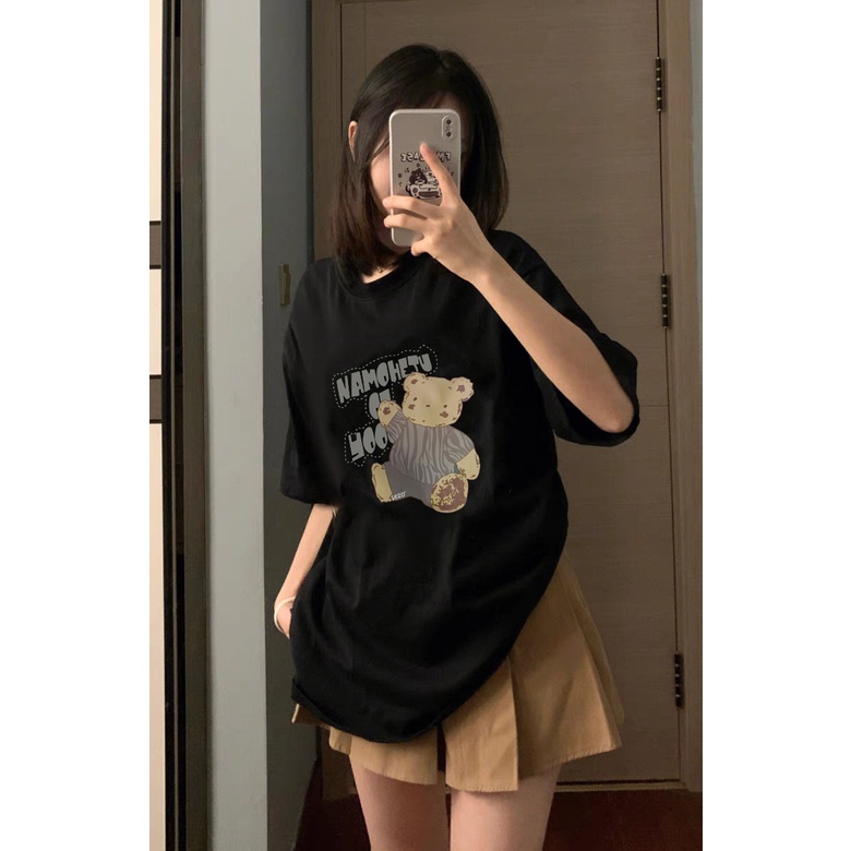 100% Katun Graphic Tee Kaos Couple Baju Wanita Atasan Wanita Oversize Kaos Cute Bear Printing Putih T-shirt Couple Korean Style/baju kaos