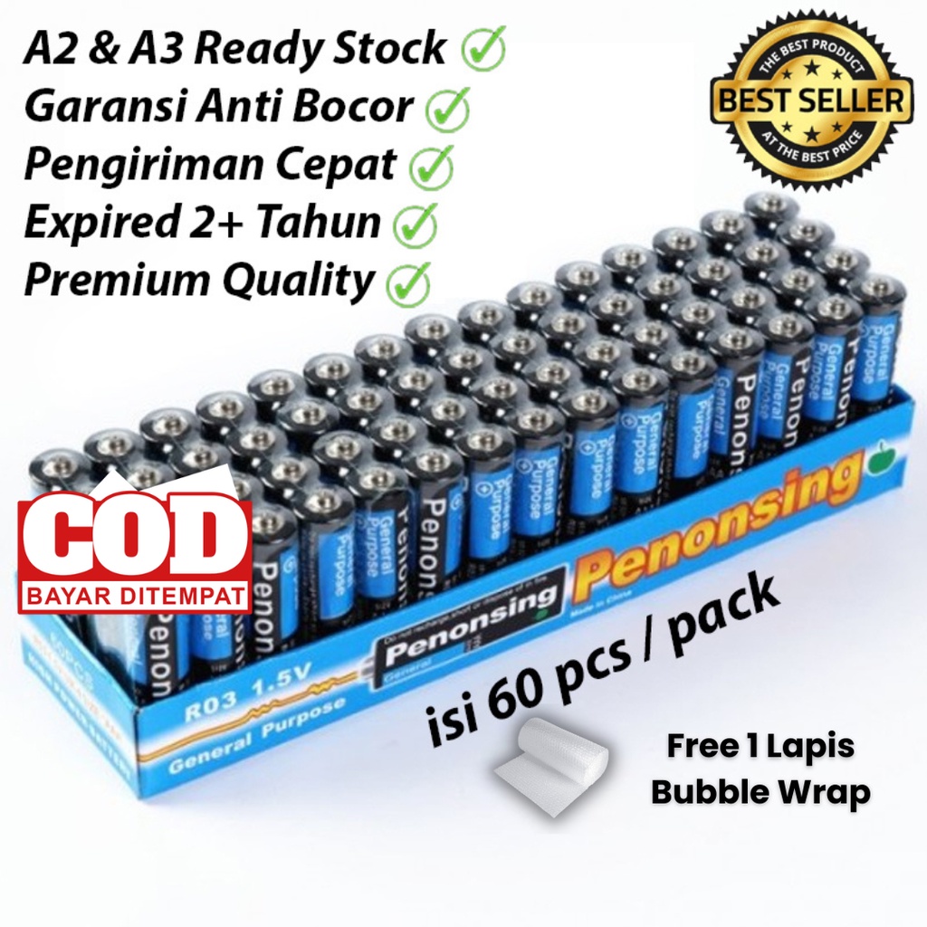 Baterai AA / AAA Batre A2 / A3 ( 60 pcs ) TEKNOX PREMIUM QUALITY | 100 mAh 1.5V - Anti Bocor - Tahan Lama -  Baterai kecil besar sedang GROSIR - Baterai Jam Dinding, Mainan, Elektronik, Remot TV, Baterai Remot TV BUKAN ABC BUKAN ALKALINE