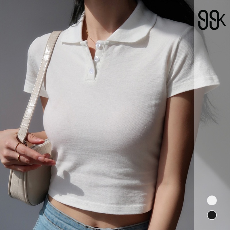 [Premium] Korean Plain Solid  Short Sleeve Polo Crop Top 7028 S/M/L