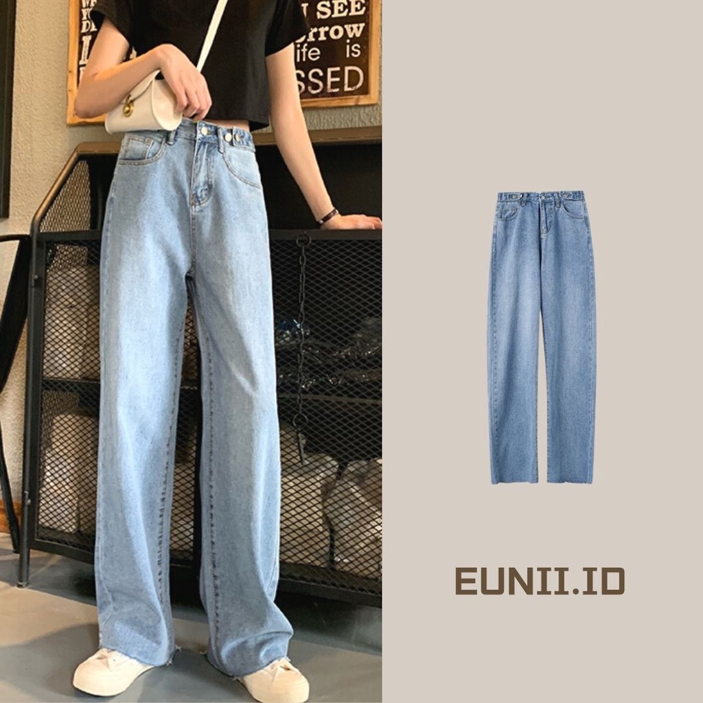 EUNII New Diimpor Jeans Wanita Celana Panjang Loose High Waist Straight Pants Korean Style