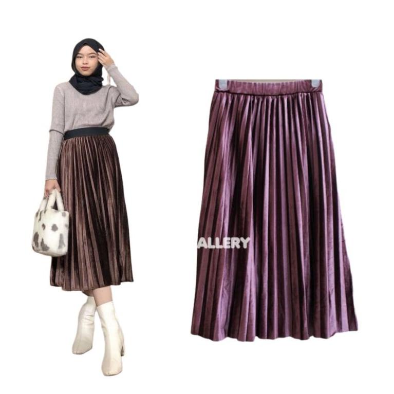 RECOMENDED Rok 7 per 8 Wanita Dewasa Import Plisket Velvet Bludru 7/8 Premium Glossy Tebal Ori Midi 