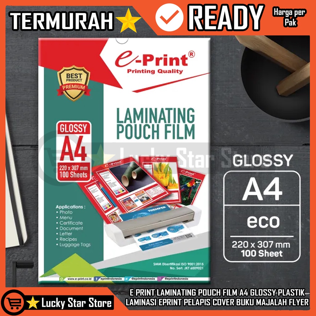 

PLASTIK LAMINATING POUCH FILM GLOSSY E PRINT A4 100 LEMBAR EPRINT PELASTIK LAMINASI PHOTO DOKUMEN SURAT PELAPIS PLASPIS COVER KOVER BUKU MAJALAH FLYER F4 VINYL PINIL PINYL VINIL FOTO 220 X 307 MM 220X307 BENING CETAK PRINTING