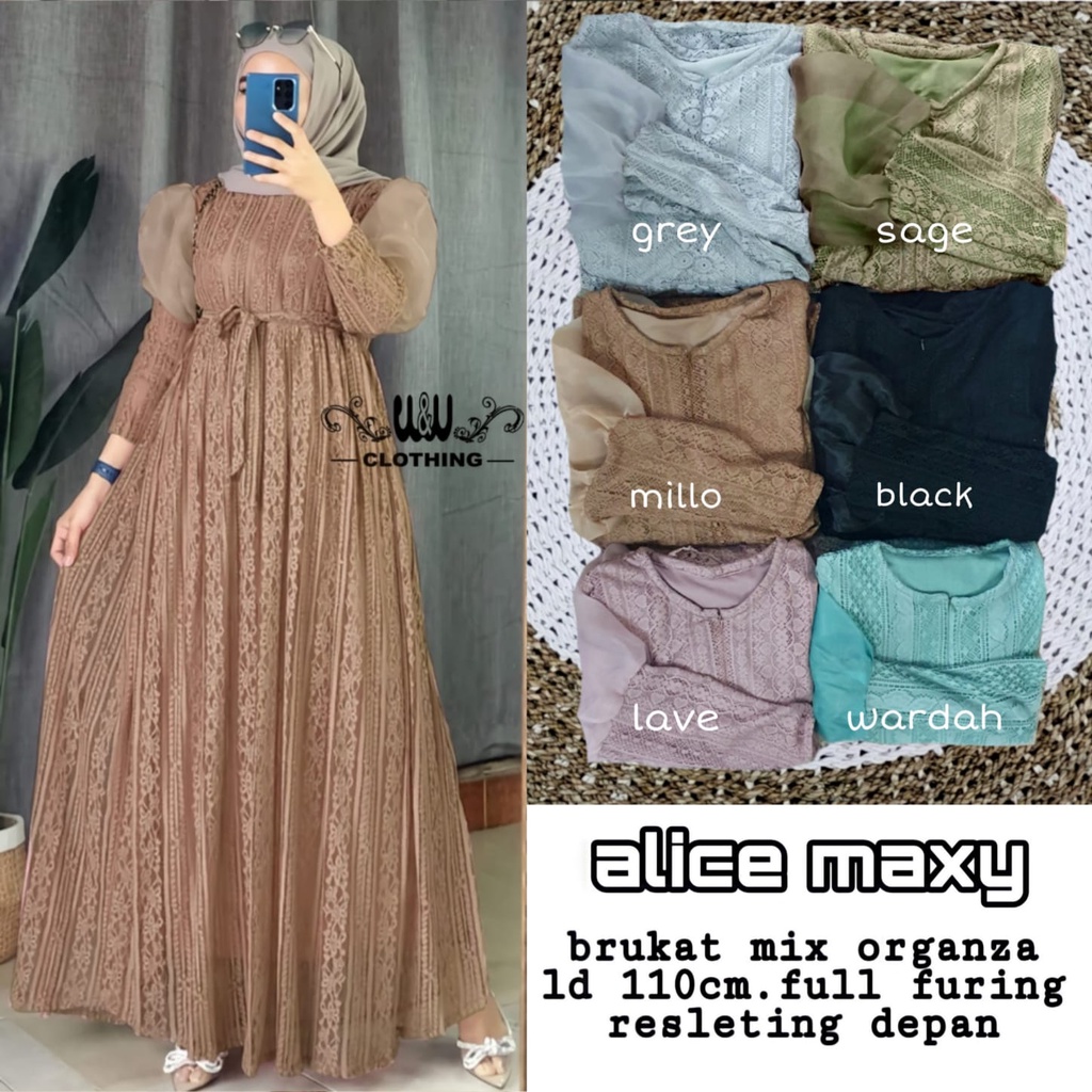 Alice Maxy Brukat Gamis Muslimah Wanita Remaja Jumbo LD 110 Alice Dress Kondangan Lamaran Tunangan Seragaman Bridesmaid Baju Lebaran kekinian Terbaru Warna Sage Maroon Navy Mocca Mint Bata Wardah Hitam Dusty Grey Lavender Grosir Murah