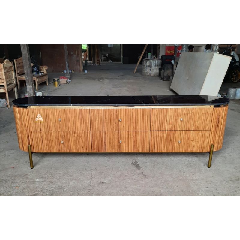 credenza meja tv bufet penyimpanan kayu jati top marmer