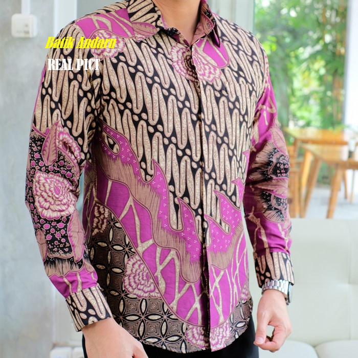 Baju Kemeja Batik Pria Slimfit Lengan Panjang Modern Atasan Premium Warna Ungu Lilac