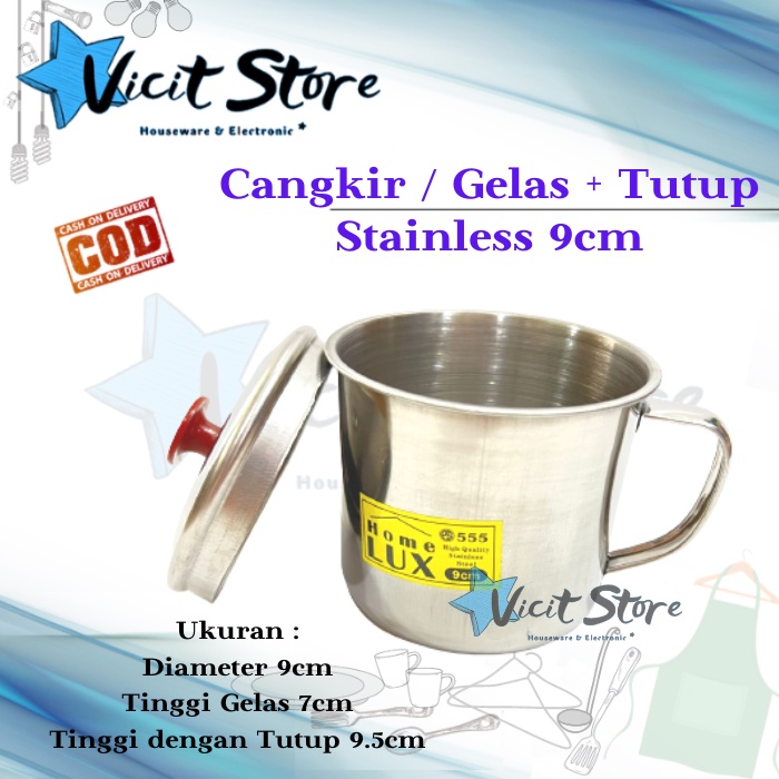 Cangkir / Gelas + Tutup / Mug Stainless + Tutup 9cm