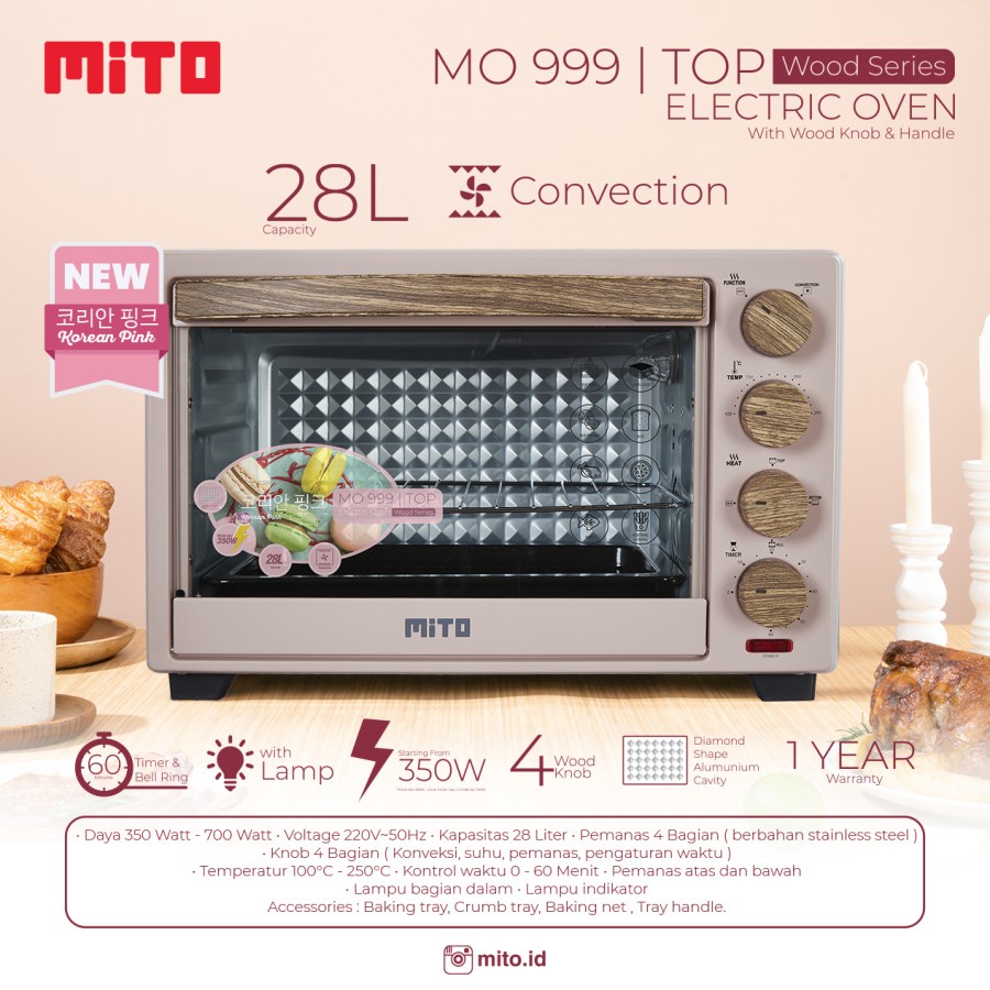 [PACKING KAYU] MITO Electric Oven MO999 TOP WOOD SERIES 28L - Pink &amp; Putih MO 999 Wood Series